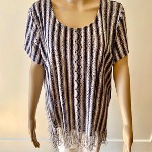 Chico's Navy & White Stripe Top With Fringe Hem XL
